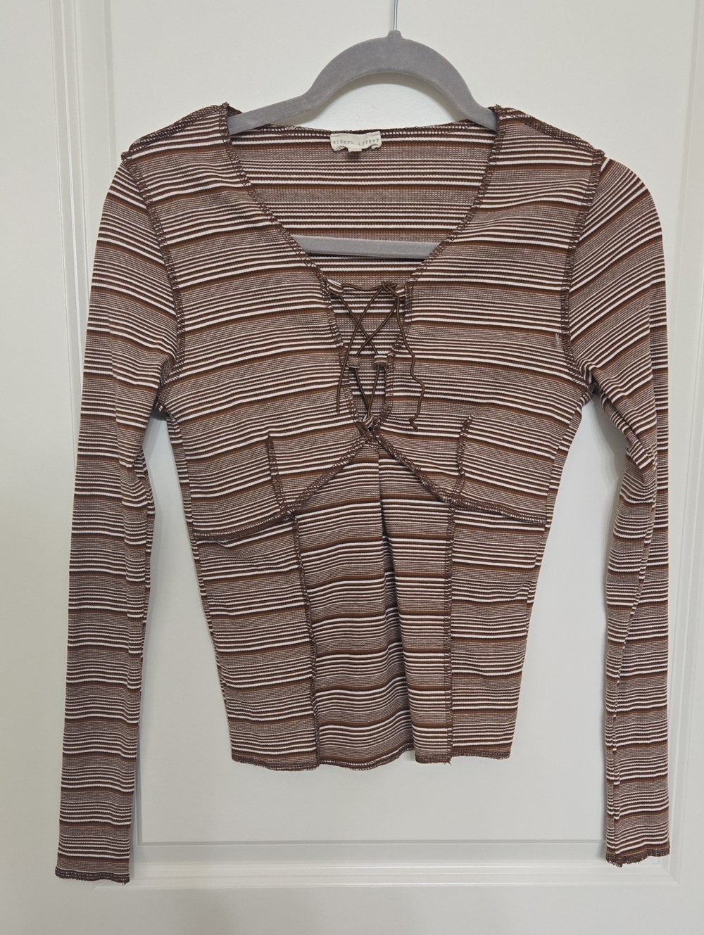 Gilded Intent Brown and Cream Striped Lace-Up Long Sleeve Tee